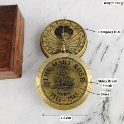Brass "Mary Rose" sundial compass labeled with its dimensions, showing a 4.5 cm diameter and 180g weight.