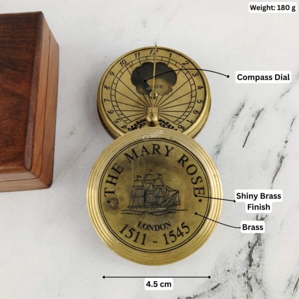 Brass "Mary Rose" sundial compass labeled with its dimensions, showing a 4.5 cm diameter and 180g weight.