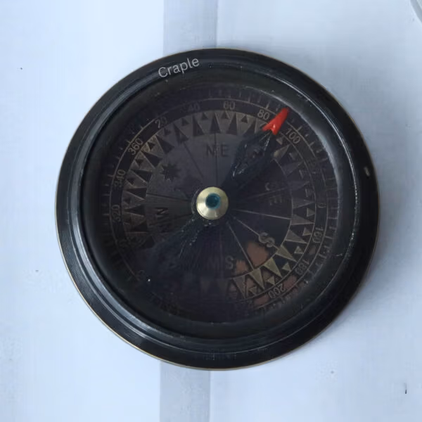 Extreme close-up of the antique compass dial, showing the needle, intricate markings, and cardinal points (N, S, E, W).