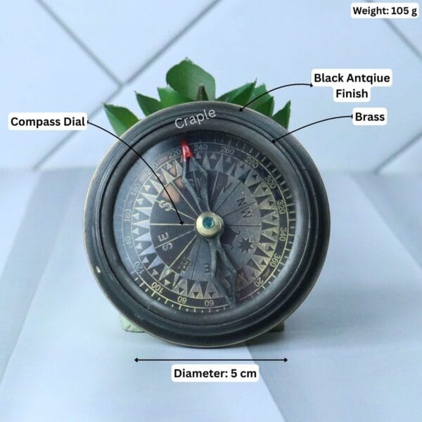 Titanic brass compass with its dimensions labeled, showing a 5 cm diameter and 105g weight.