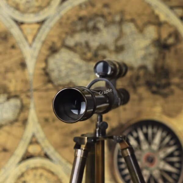 Close-up of the eyepiece and finder scope on the antique brass telescope, set against a vintage map background.