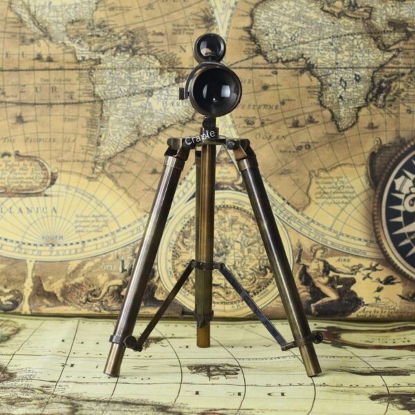 Top-Mounted Double Barrel Telescope Antique Brass-7 The adjustable wooden and brass tripod stand of the vintage tabletop telescope.