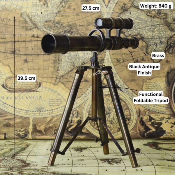 Top-Mounted Double Barrel Telescope Antique Brass-8 Image of the brass telescope with its dimensions labeled: 39.5 cm height, 27.5 cm length, and 840g weight.