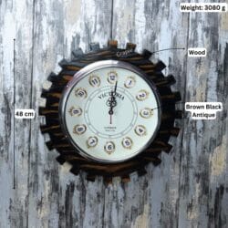 Image of the wooden gear clock with its specifications labeled: 48 cm diameter and a weight of 3080g.