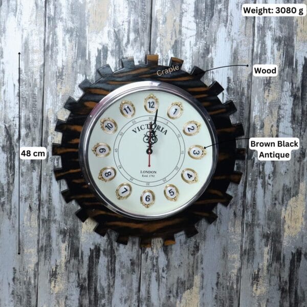 Image of the wooden gear clock with its specifications labeled: 48 cm diameter and a weight of 3080g.