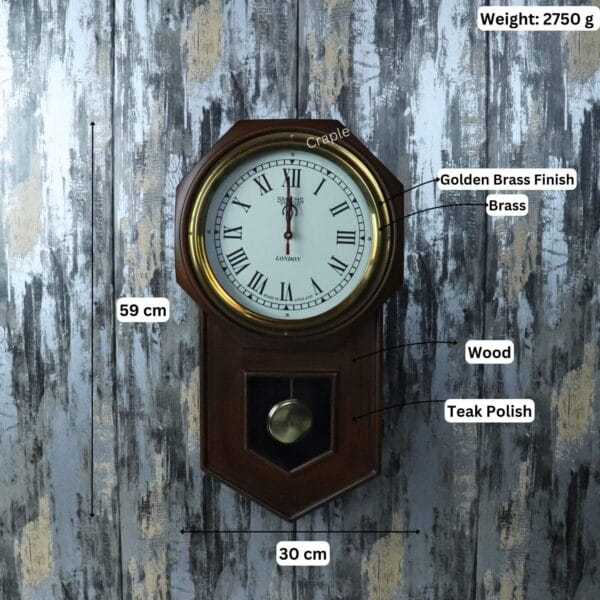 Informational image of the pendulum clock showing its dimensions: 59 cm height, 30 cm width, and 2750g weight.