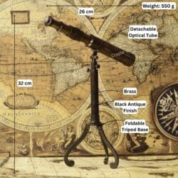 Image of the vintage brass telescope with dimensions labeled: 32 cm height, 26 cm length, and 550g weight.