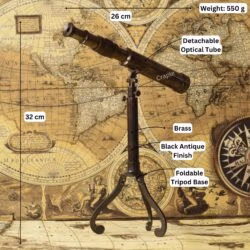 Image of the vintage brass telescope with dimensions labeled: 32 cm height, 26 cm length, and 550g weight.