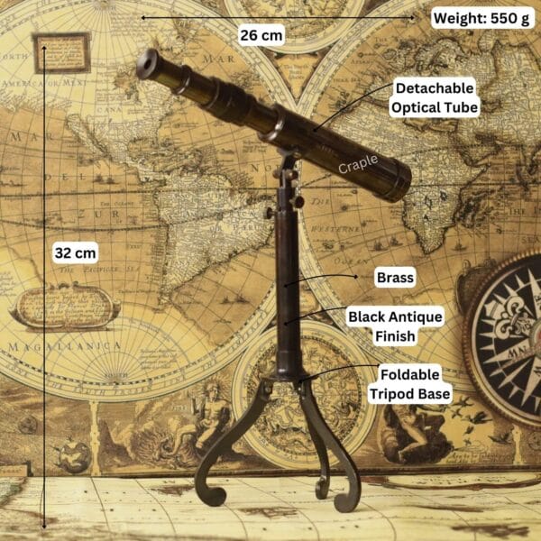 Image of the vintage brass telescope with dimensions labeled: 32 cm height, 26 cm length, and 550g weight.