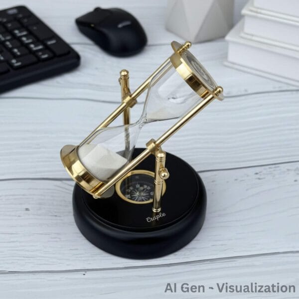 The brass hourglass and compass set displayed as a stylish accessory on a modern office desk next to a keyboard and mouse.