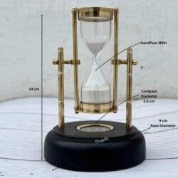 Brass hourglass with its dimensions labeled, showing a total height of 14 cm and a base diameter of 8 cm.