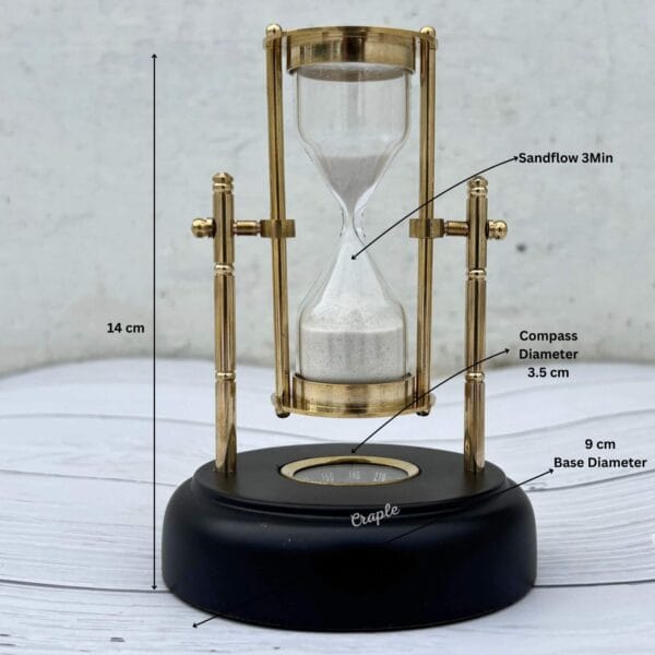 Brass hourglass with its dimensions labeled, showing a total height of 14 cm and a base diameter of 8 cm.