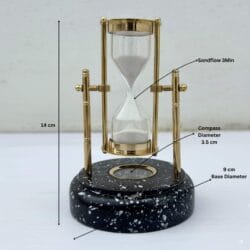 A rotating brass hourglass with its specifications labeled, showing a 14 cm height, 9 cm base diameter, and 3-minute sand flow.