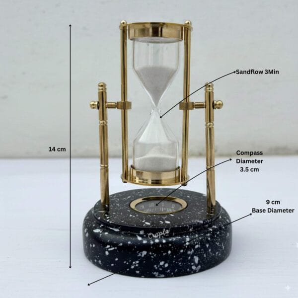 A rotating brass hourglass with its specifications labeled, showing a 14 cm height, 9 cm base diameter, and 3-minute sand flow.