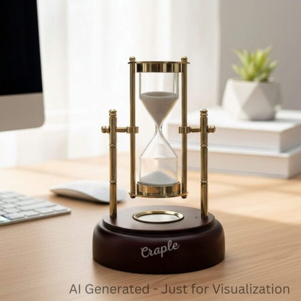 The elegant brass and wood hourglass used as a sophisticated decorative accessory on a modern office desk.