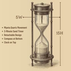 A technical drawing of the 3-in-1 hourglass, labeling its features like the clock, compass, and sand timer.