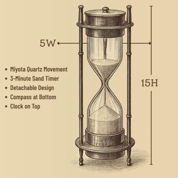 A technical drawing of the 3-in-1 hourglass, labeling its features like the clock, compass, and sand timer.