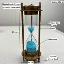 Antique brass hourglass with its dimensions labeled: 14.5 cm height, 5.5 cm width, and 190g weight.