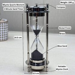 The 3-in-1 hourglass with its components and dimensions labeled: 14.5 cm height, 5.5 cm width, and 190g weight.