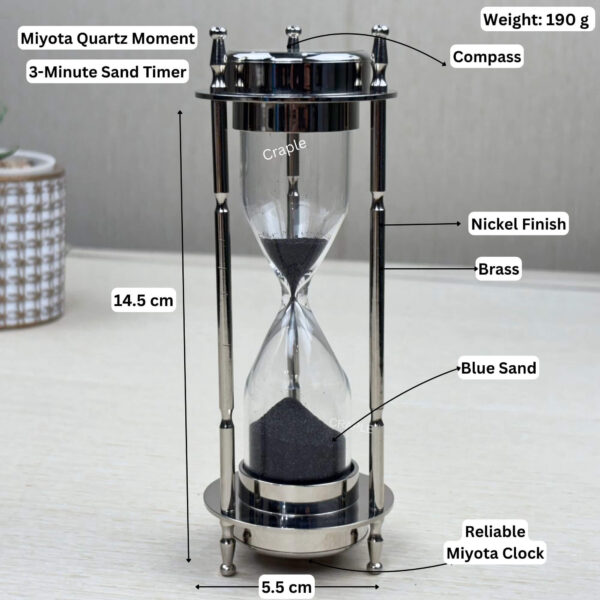 The 3-in-1 hourglass with its components and dimensions labeled: 14.5 cm height, 5.5 cm width, and 190g weight.