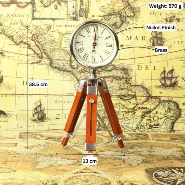 The adjustable tripod desk clock with its dimensions labeled: 38.5 cm height and 13 cm width.