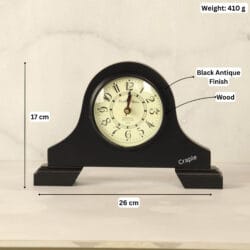 Black antique wooden desk clock with its dimensions labeled, showing a height of 17 cm and a width of 26 cm.
