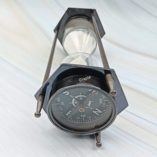 Top-down close-up of the functional magnetic compass integrated into the top of the hourglass.