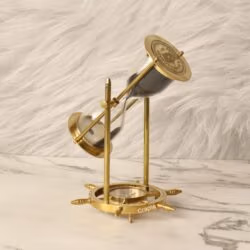 A rotating brass hourglass and compass with a shiny finish, showing the sand timer tilted on its axis above the ship's wheel base.