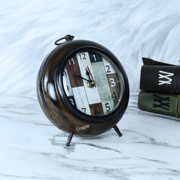 Side-angled perspective of the vintage wooden table clock, highlighting its glossy finish and classic design.
