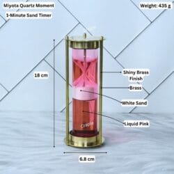Pink liquid floating hourglass with its specifications labeled: 18 cm height, 6.8 cm width, and 1-minute timer.