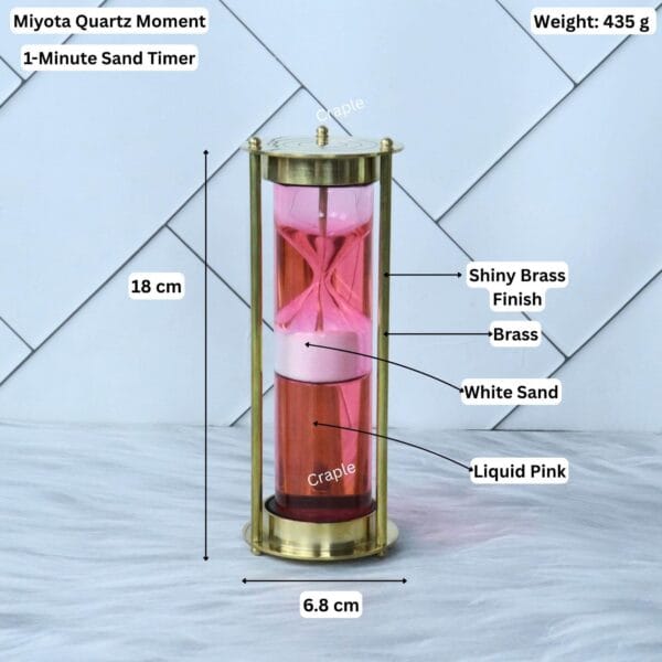 Pink liquid floating hourglass with its specifications labeled: 18 cm height, 6.8 cm width, and 1-minute timer.