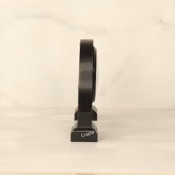 Black wooden desk clock with its dimensions labeled, showing a width of 26 cm and a height of 17 cm.