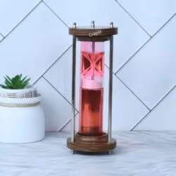 The liquid motion timer displayed as a stylish desk accessory next to a small succulent plant.