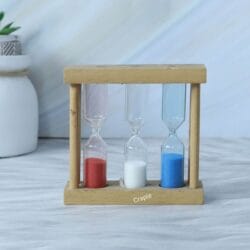Handmade wooden 3-in-1 sand timer featuring red, white, and blue hourglasses side-by-side.