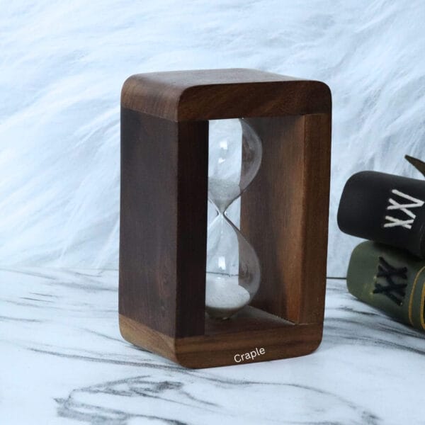 A close-up view of the handcrafted wooden hourglass, showcasing its minimalist and modern design.